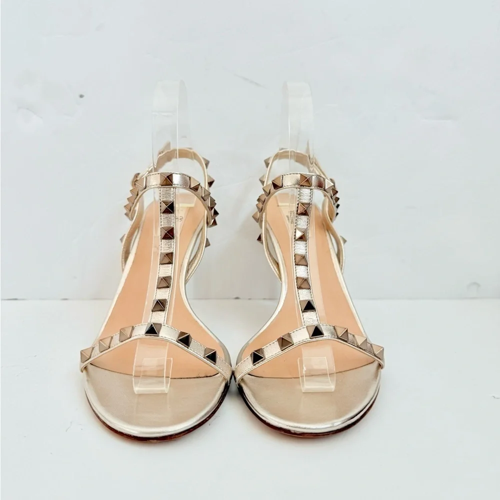 Valentino Garavani Metallic Gold Rockstud Tstrap open toe heels sandals EU 40